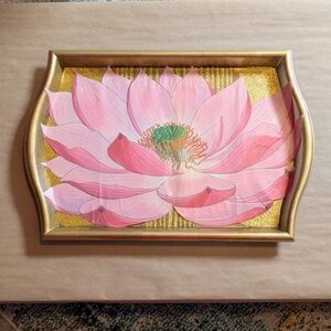 Gold Tray Pink Lotus Decoupage Handmade